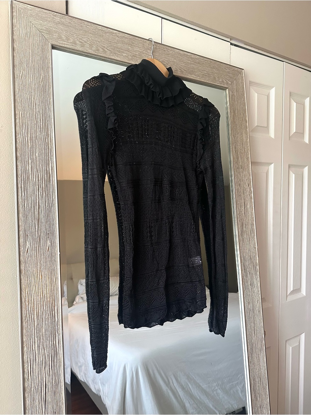 RONNY KOBO Black Knit Sheer Ruffle Mock Neck Long Sleeve Top Size Small